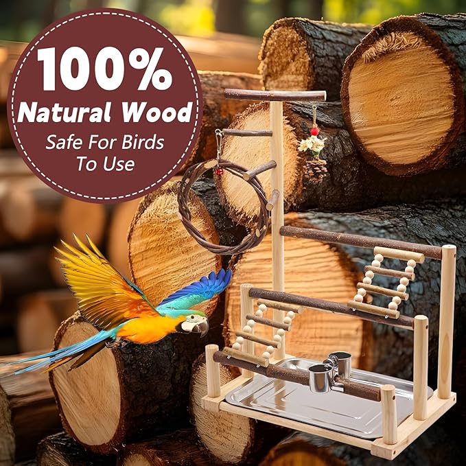 Bird Playground, Natural Wooden Parrot Stand with Feeding Cups, Swing, Chew Toys, and Other Cage Accessories for Small to Medium Birds.Ideal for Cockatiels, Budgies, African Greys, and Conures