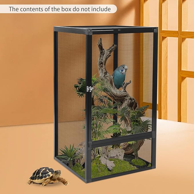 Reptile Terrarium Cage 17.7"x17.7"x31.5", 360° Panoramic Foldable Reptile Terrarium Kit, Aluminum Alloy Mesh Cage Micro Pet Feeding Net Box for Chameleons, Lizards, Snakes, Spiders