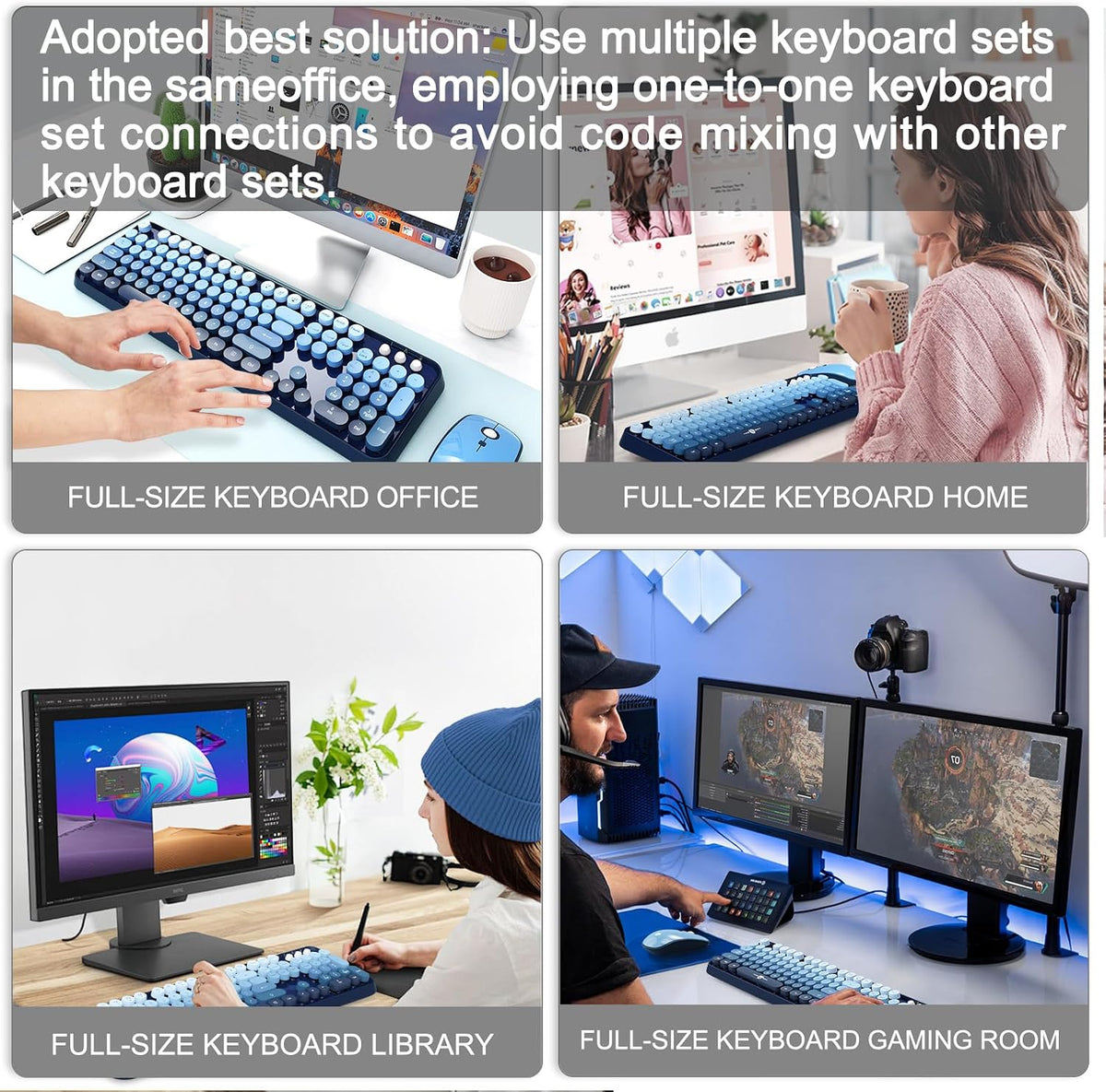 FOPETT Wireless Keyboard and Mouse Combo - 2.4G Full-Sized Cute Colorful Mouse and Keyboard with 104 Round Keys Retro Typewriter Keyboard for Laptop/Windows/PC - Blue Gradient