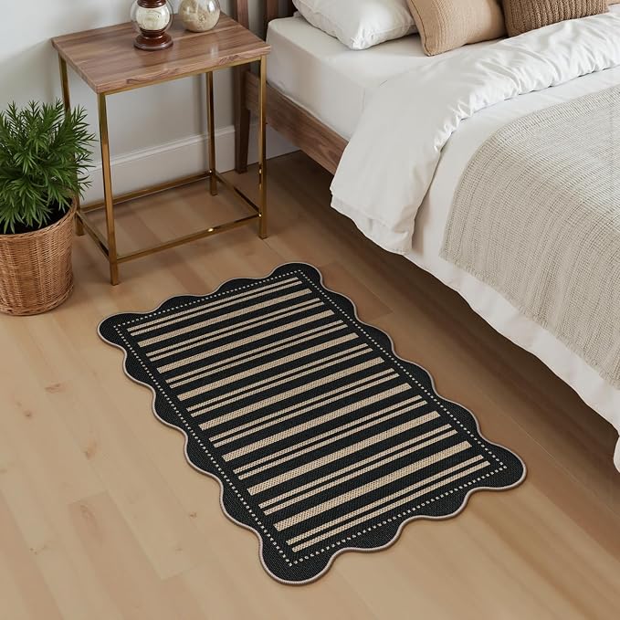 Striped Easy Jute Entryway Rug, 2x3 Black Indoor Outdoor Doormat, Washable