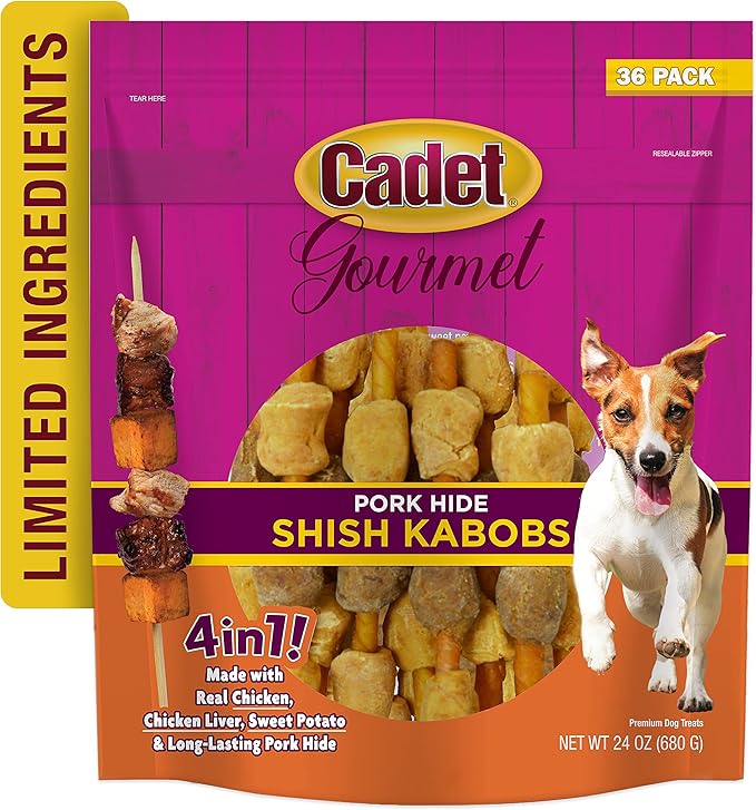 Cadet Gourmet Shish Kabob Dog Chews for Small Dogs, Rawhide Treats with Chicken, Duck and Sweet Potato, Healthy & Natural Pork Hide, 5-Inch Sticks, 24 oz.