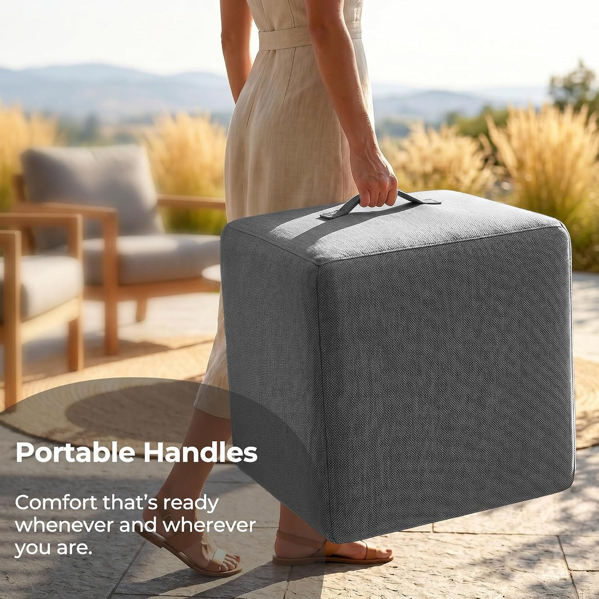 Square Outdoor Ottoman Pouf, 24" Waterproof Patio Foot Rest, Dark Gray