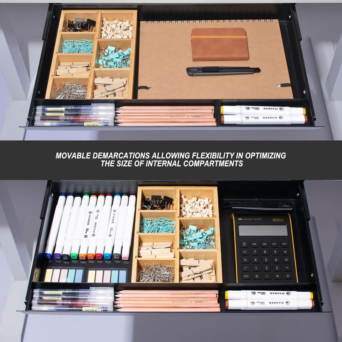 Large Under Desk Mounted Sliding Drawer with Bamboo Tray and 60 Degree Tilt Panel to Pull Out, 22'' Long & 13'' deep Large Storage Organizer for Sit Stand Workstation