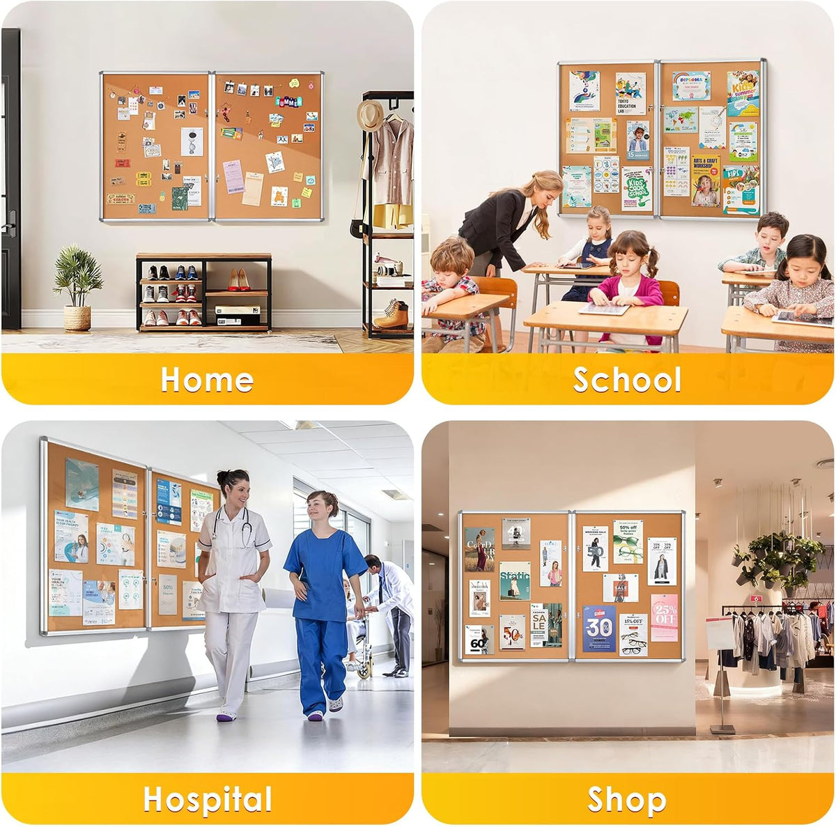 SWANCROWN 48x36 in Enclosed Bulletin Board, Locking Display Case, Pack of 2