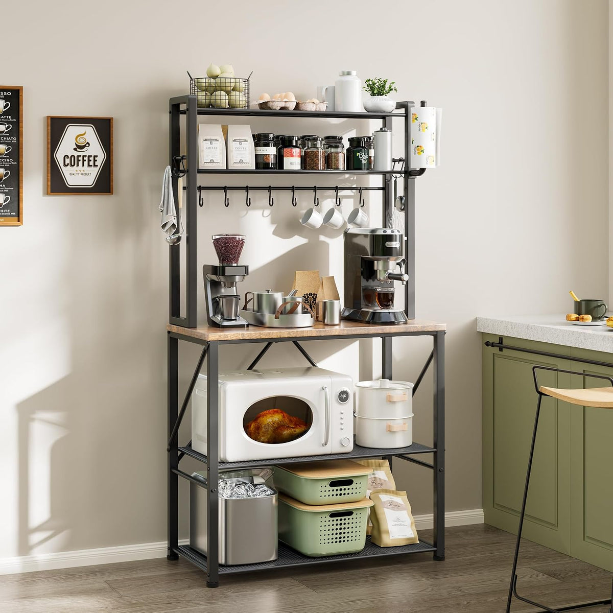 YASONIC Coffee Bar, Bakers Rack with Storage, 25.6 Inches Microwave Stand, 5 Tier Kitchen Shelves Appliance Storage, 12 S Hooks Large Coffee Station for Spices, Pots and Pans, Rustic Brown