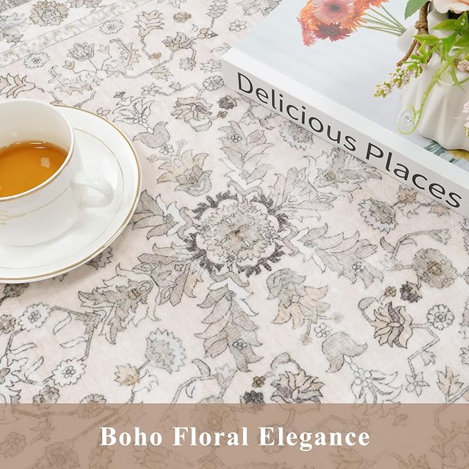 2x10 ft Hallway Runner Rug Washable – Boho Floral Non Slip Long Carpet Runner