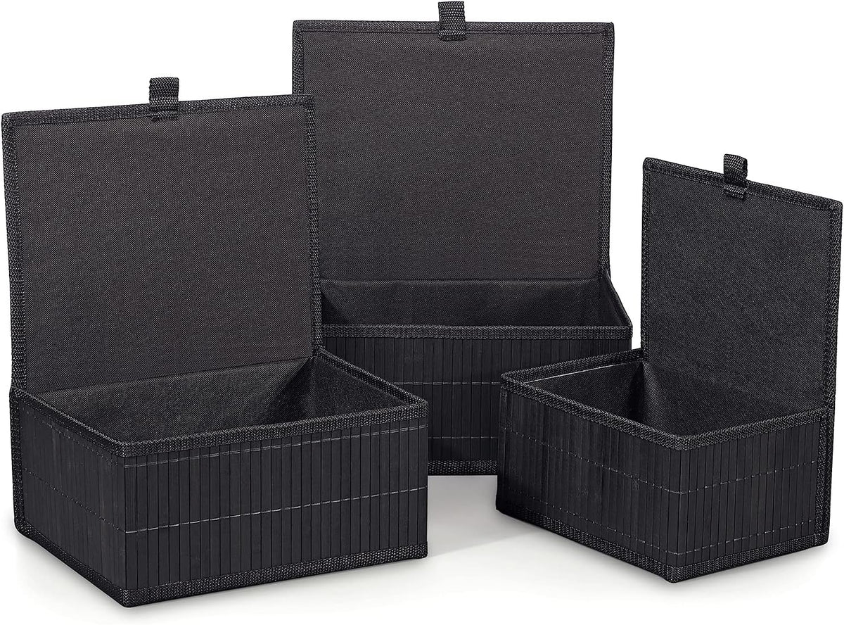 Honygebia Bamboo Decorative Storage Boxes - Set of 3 Woven Lined Storage Basket with Lids, Black Wicker Lidded Baskets for Home Kitchen Shelf Organizer Decor