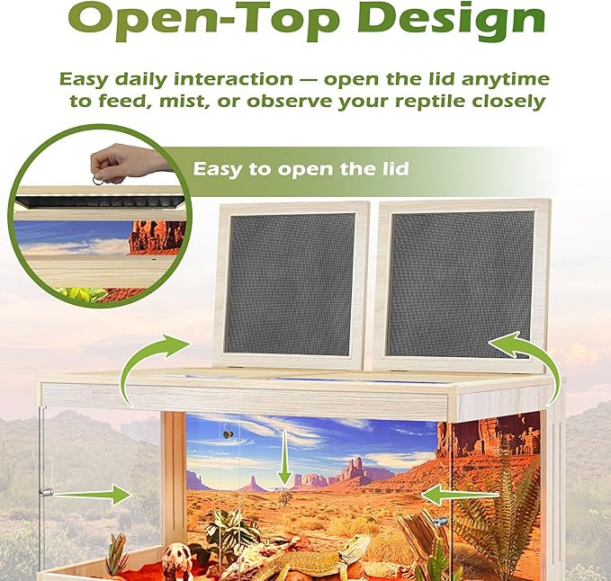 Royxen Bearded Dragon Tank, Tempered Glass Reptile Terrarium with Metal Mesh Top, 3-Side Clear Anti-Scratch Glass Lizard Tank for Reptile Habitat, Oak,60 Gallons