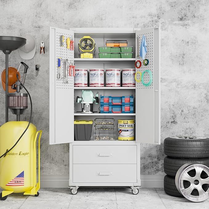 SUXXAN Rolling Storage Cabinet with 2 Doors and 2 Drawers, Heavy Duty Metal Storage Cabinet with Shelves, Locking Steel Cabinet for Warehouse, Home, Office (White)