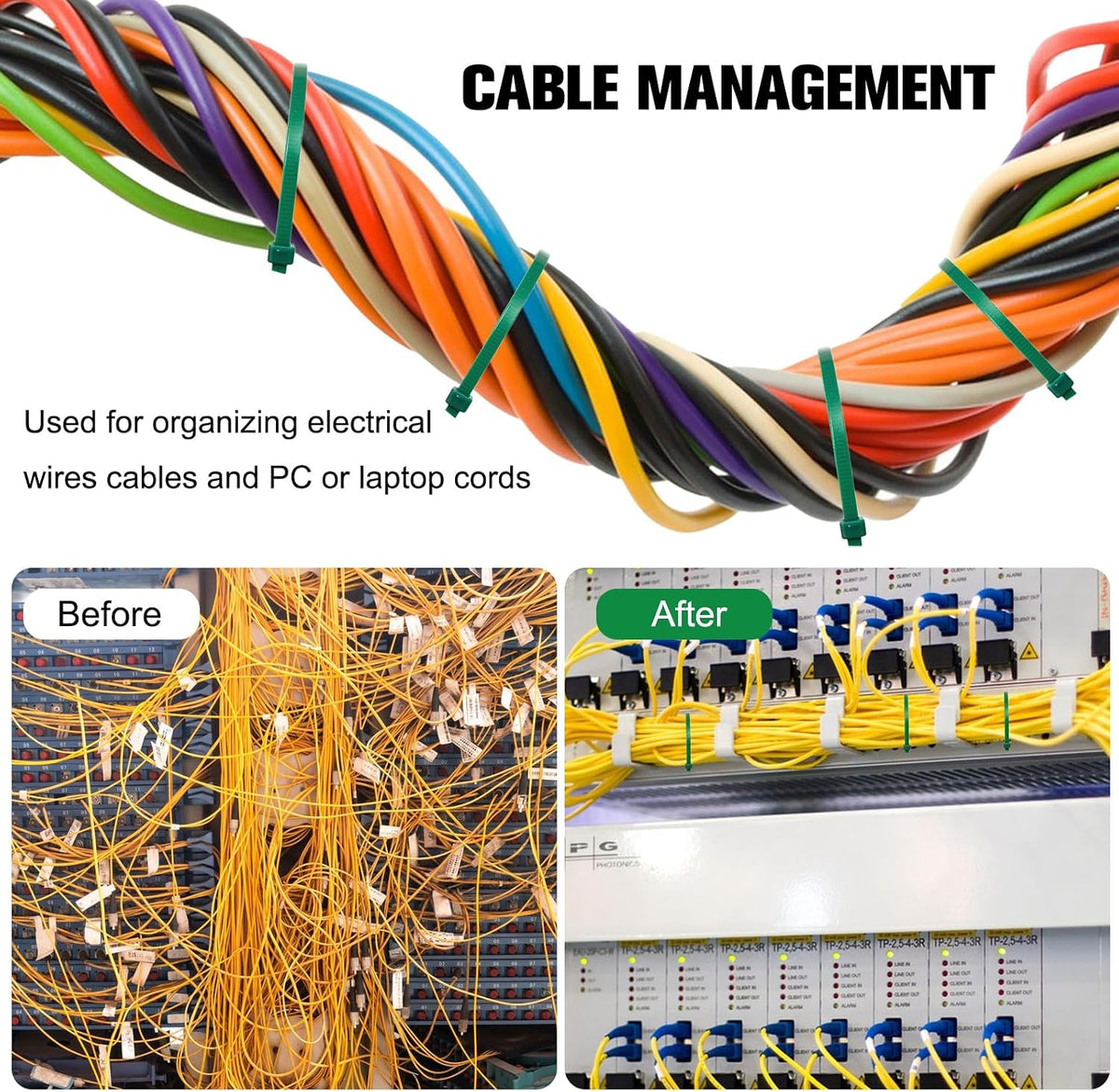 Zip Ties Assorted Sizes(4”+6”+8”+12”), 2000 Pack,Green Cable Ties,Multi-Purpose Self-Locking Nylon Cable Cord Management,Plastic Wire Ties for indoor and outdoor use.