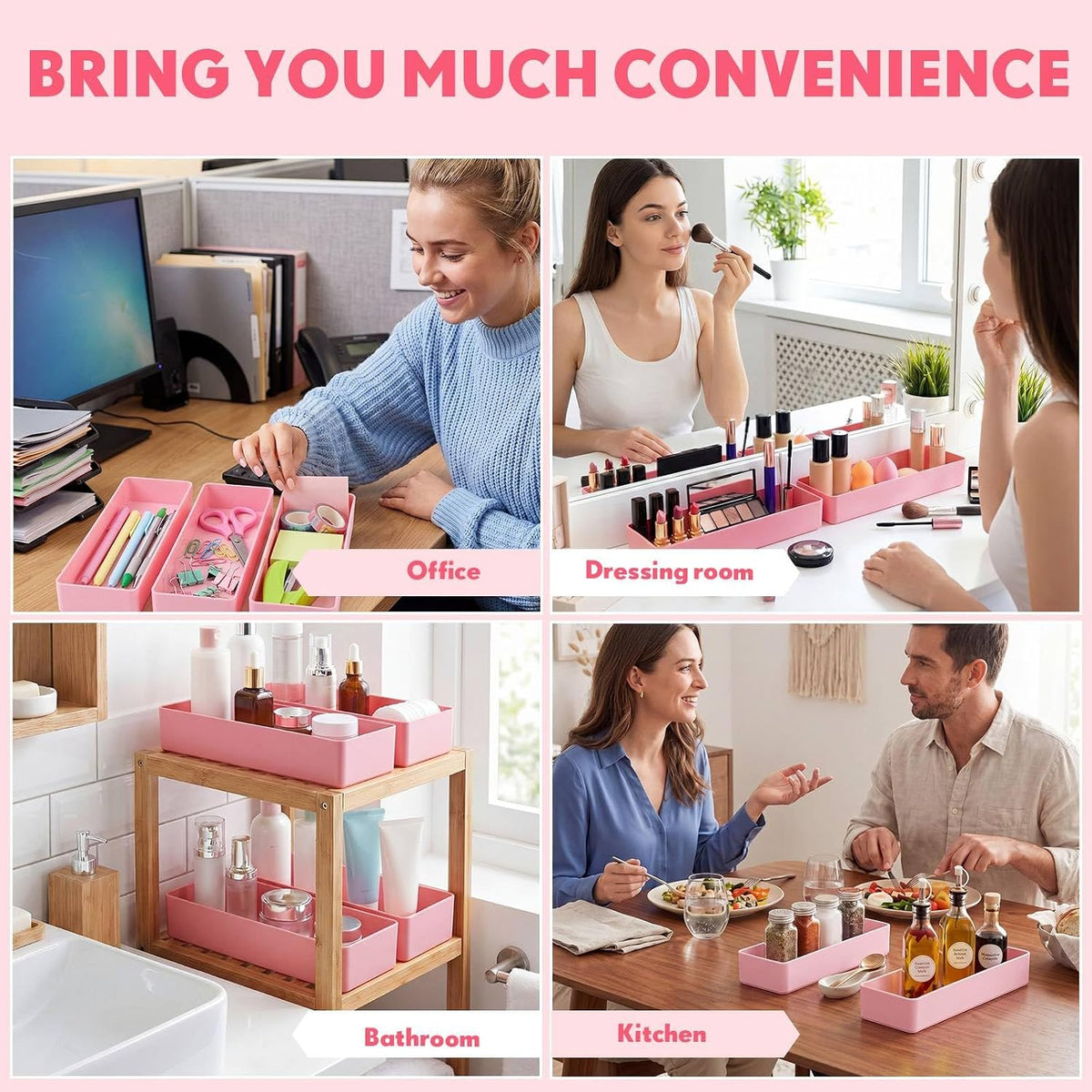 Teling 12 Pcs Pink Plastic Desk Drawer Organizer Pen Tray Shallow