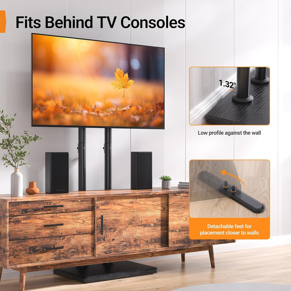 Perlegear Universal Floor TV Stand for 32–75" TVs up to 110 lbs, Height-Adjustable Tall TV Stand with Solid Wood Base & Extra-Stable Anti-Tip Feet, Swivel TV Mount for Bedroom, VESA 400x400, PGFLS34B