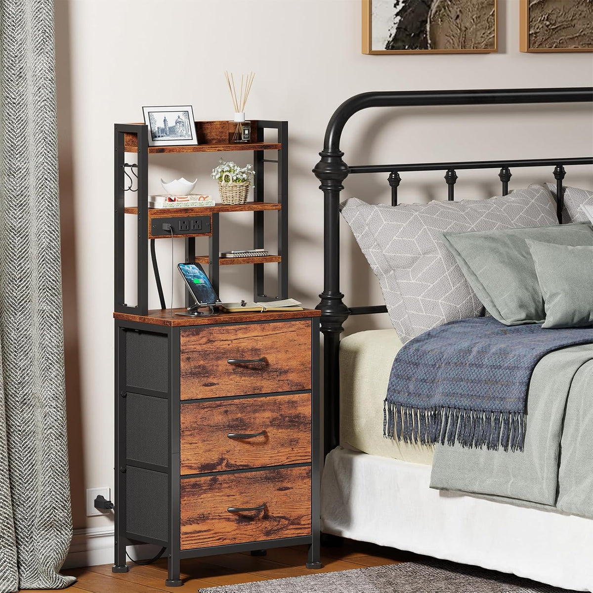 Furnulem Tall Nightstand, 45.3" Bedside Table & End Table, 3 Fabric Drawers