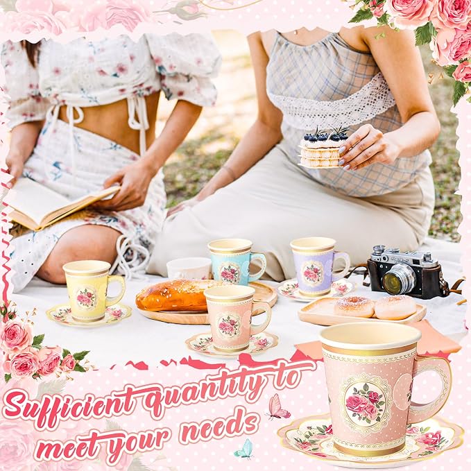 Tioncy 100 Pcs Tea Party Decorations Include 50 Pieces 9 oz Paper Tea Cups