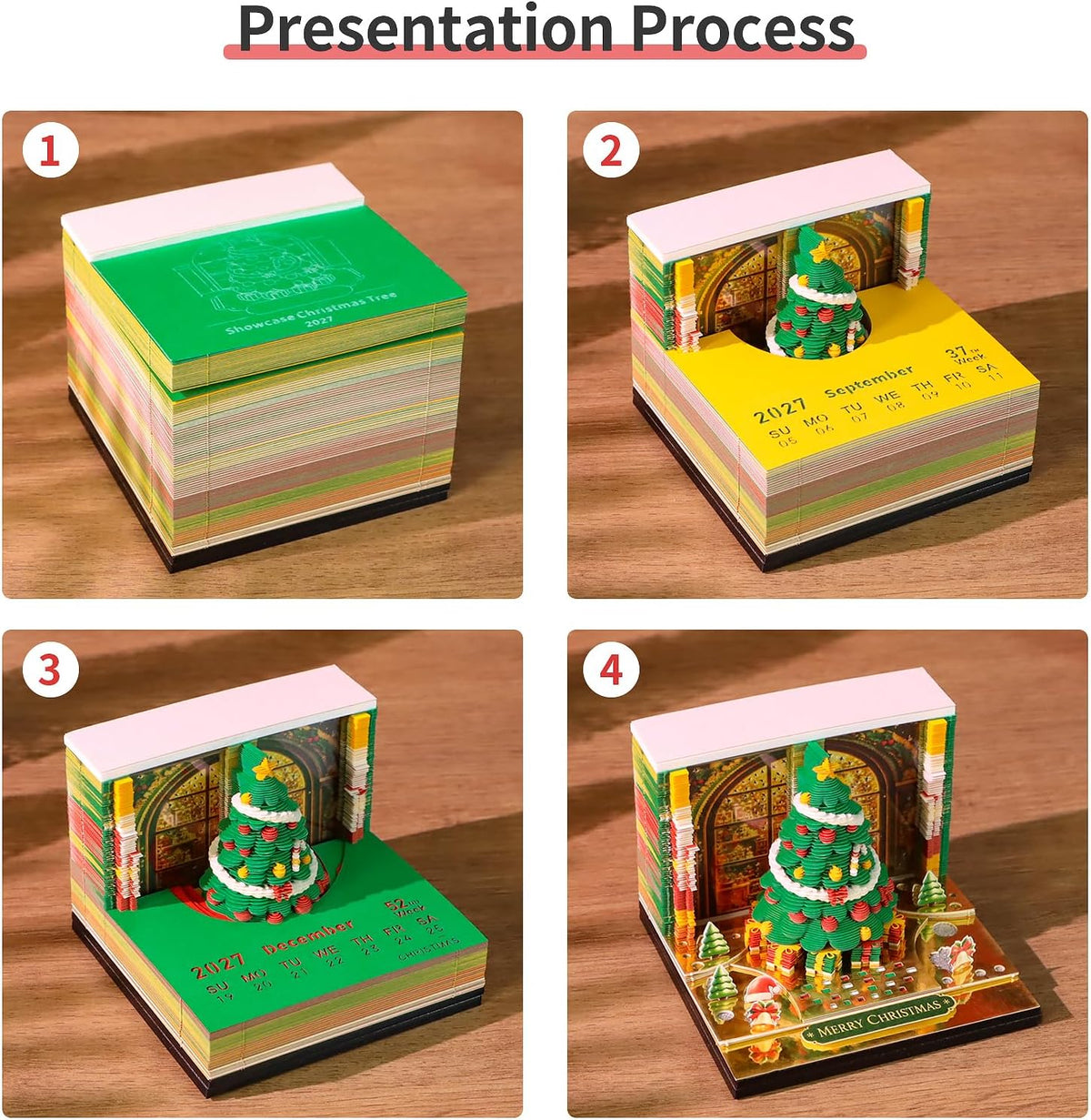 3D Calendar 2027,3D Art Desk Time Piece Calendar Tear-Away Memo Pad DIY Note Pad for Record, Bookmark, Gift & Office Decor (Christmas Tree)