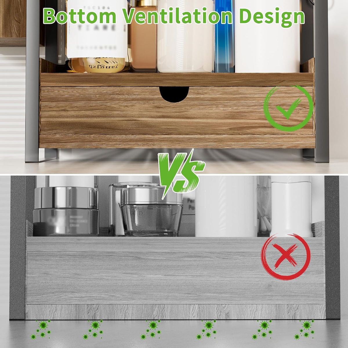 2-Tier Bathroom Counter Organizer, Wooden Vanity Shelf with Drawer & Basket
