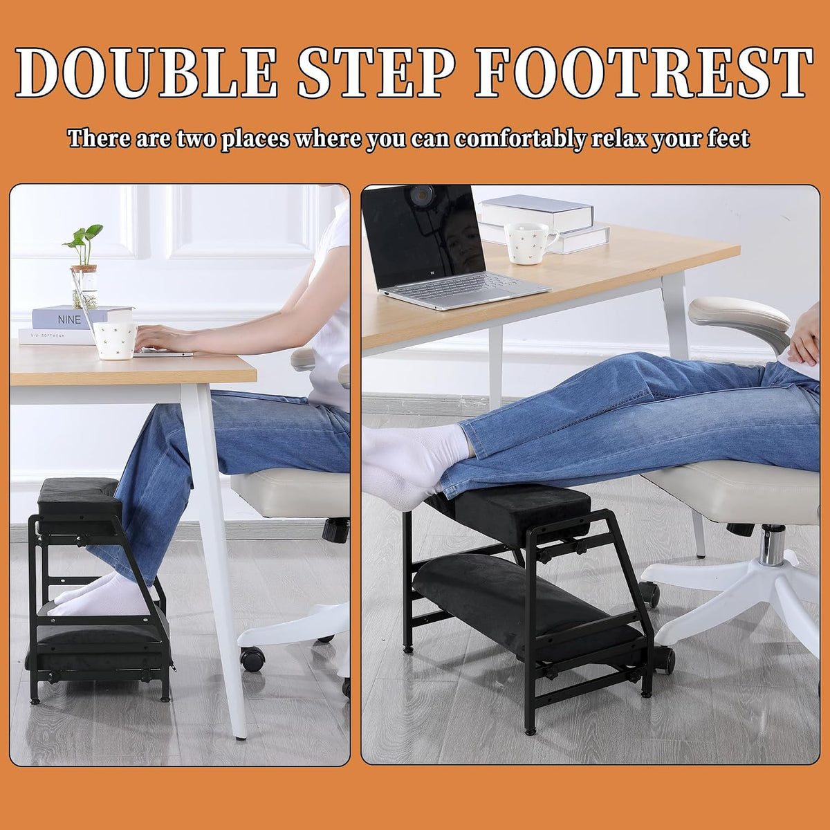 BALAPET Adjustable Double Step Footrest, High-Density Foam with Sturdy Iron Frame Foot Rest Under Desk for Office, Ergonomic Footrest with Washable Cover for Desk Work, Home,Patented Design(Black)
