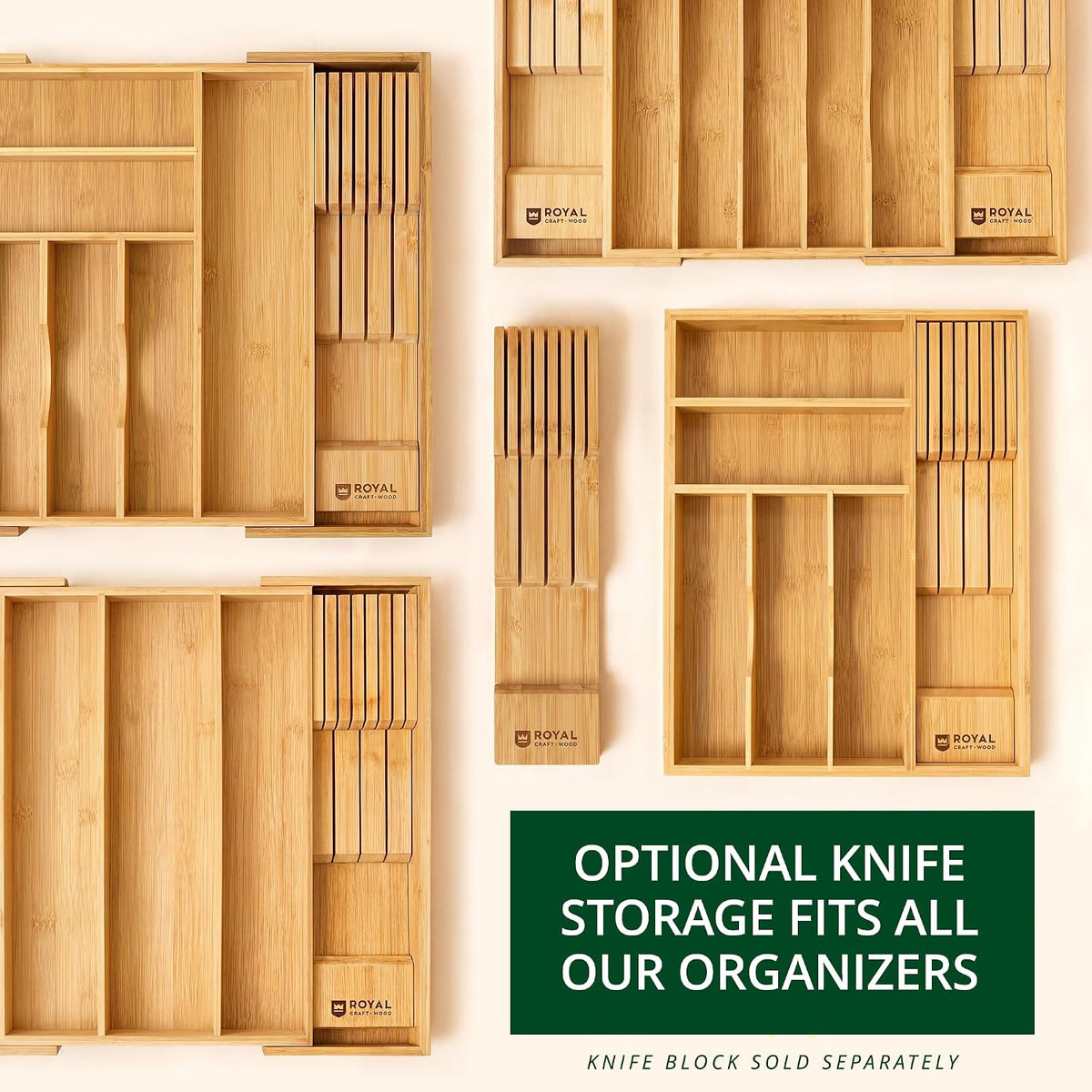 ROYAL CRAFT WOOD Luxury Bamboo Utensil Rack and Silverware Organizer, Kitchen Drawer Organizer - Utensil Holder and Cutlery Tray with Grooved Drawer Dividers for Flatware 7 Slot, Natural