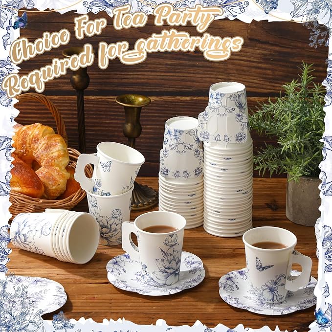 Tioncy 100 Pcs Tea Party Decorations Include 50 Pieces 9 oz Paper Tea Cups