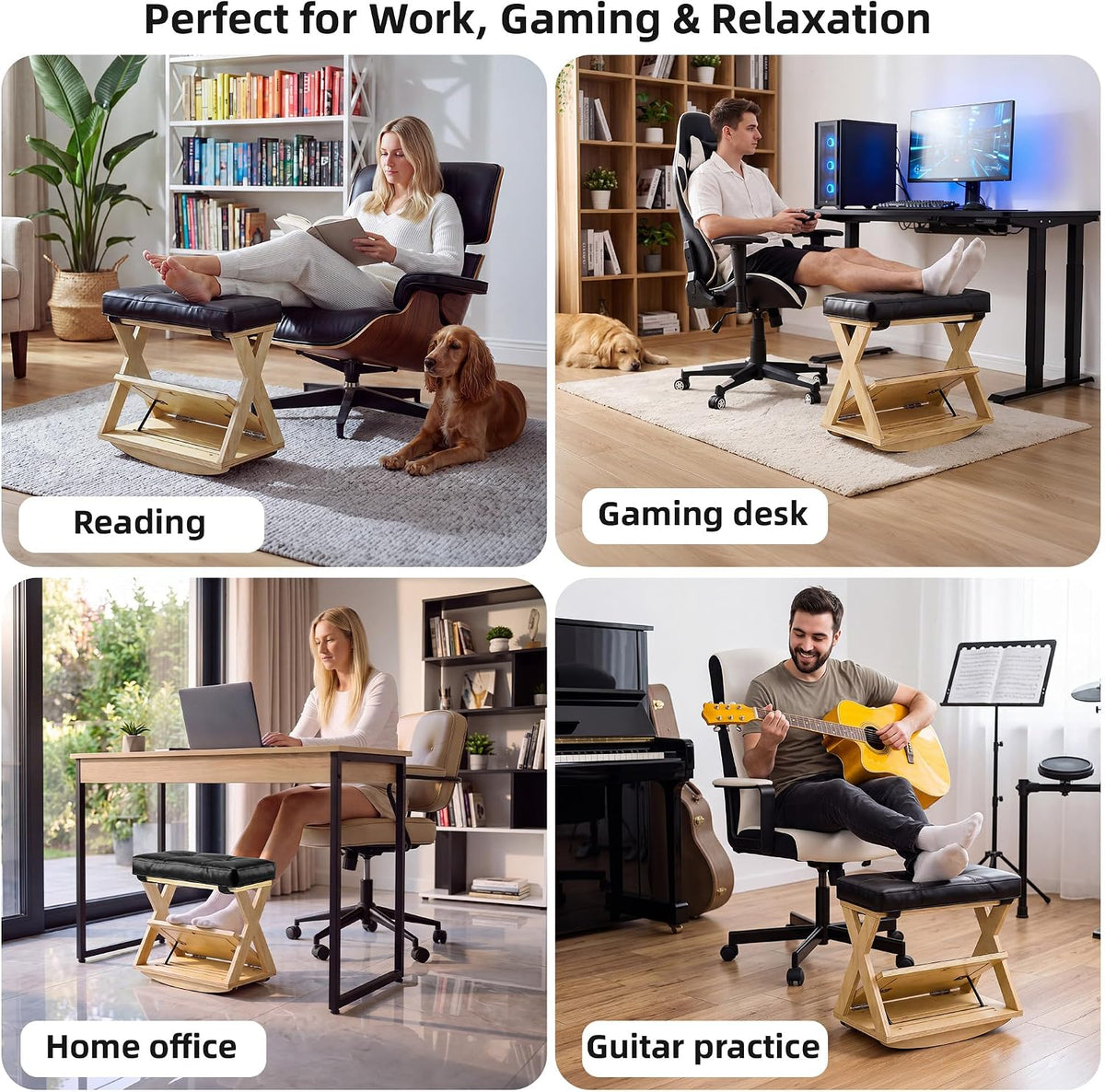 Under Desk Adjustable Footrest, Wood Rocking Footrest, Non-Slip