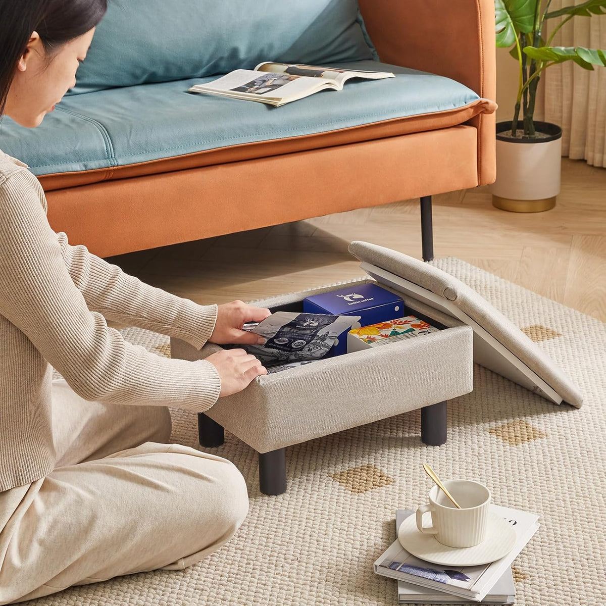 IBUYKE Storage Footstool Ottoman, Linen Fabric Footrest, Linen RF-BD223