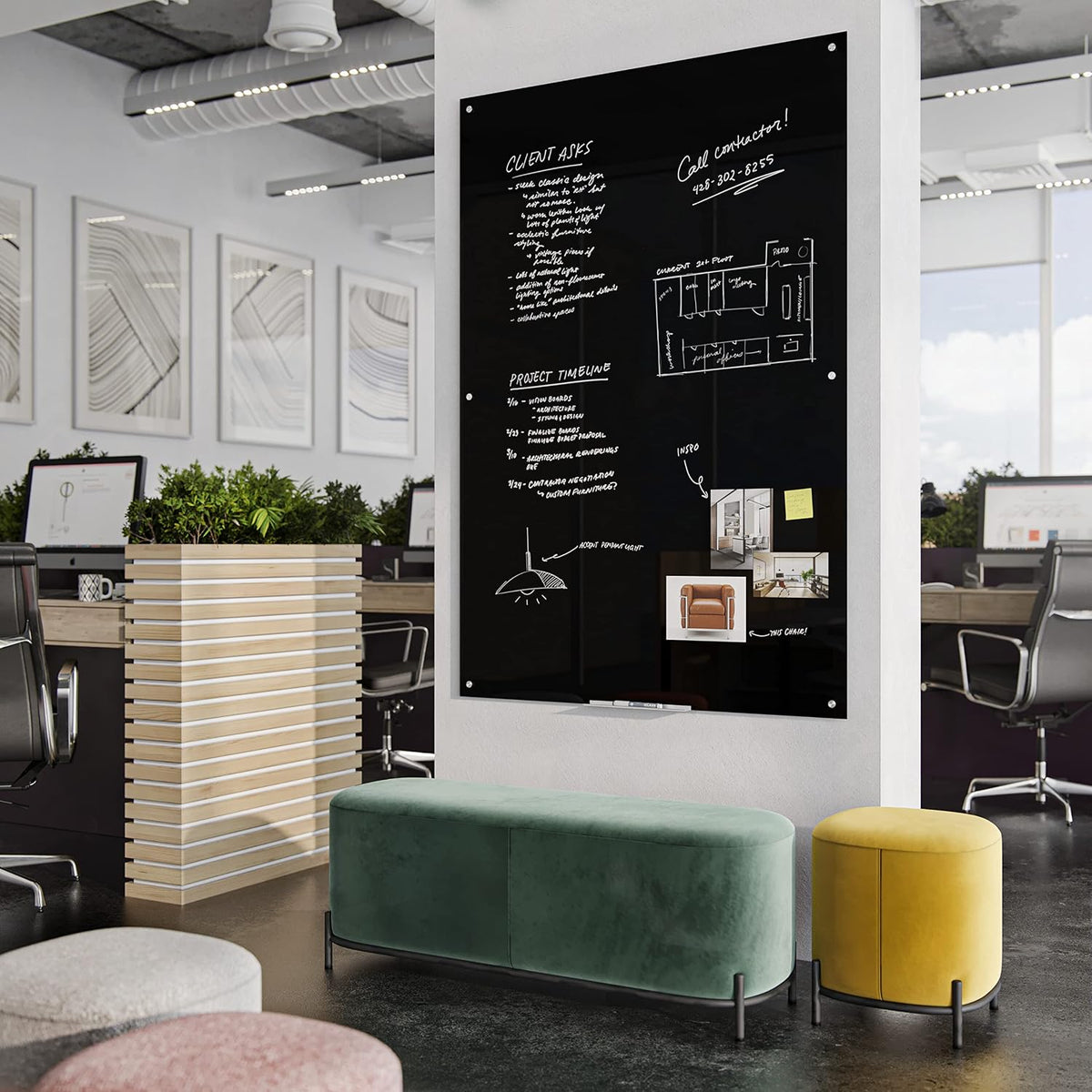 U Brands Black Glass Dry Erase Board, Wall Mounted White Board, 72" x 48"