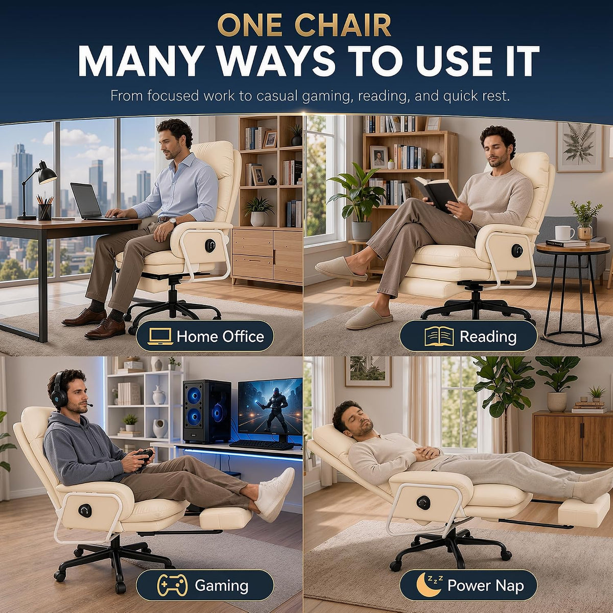 180° Reclining Office Chair with Footrest, PU Leather, Beige