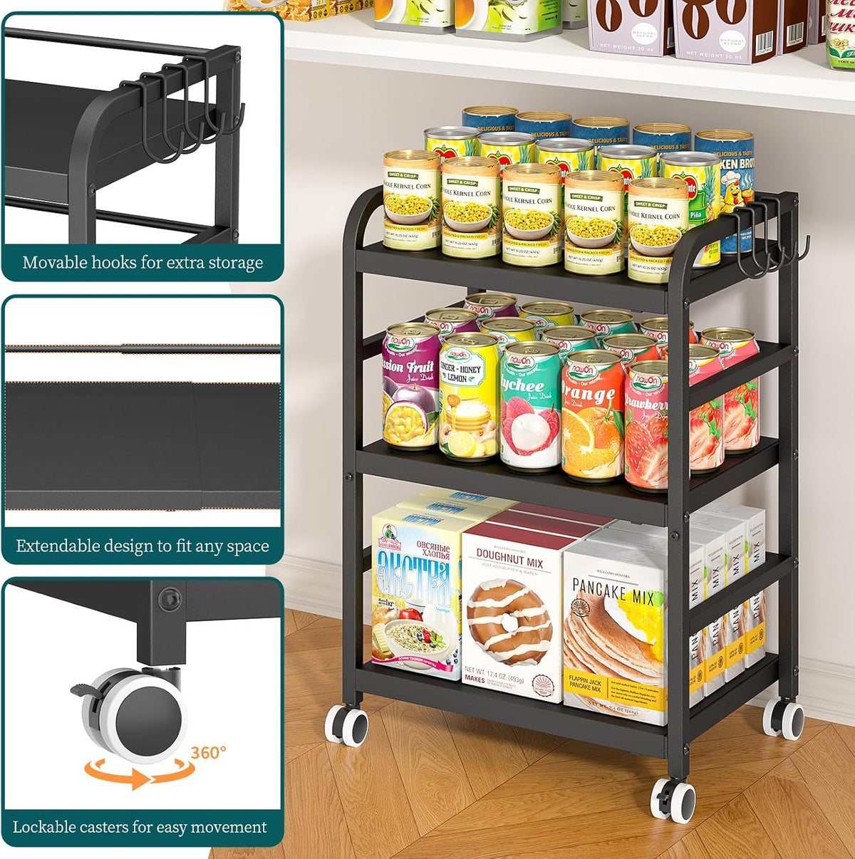 DAOUTIME 3-Tier Expandable Rolling Cart, Pantry Storage Cart with Wheels, Adjustable Rolling Pantry Floor Organizer, Metal Under Desk Cart, Can Storage & Snack Organizer for Kitchen Pantry, Black
