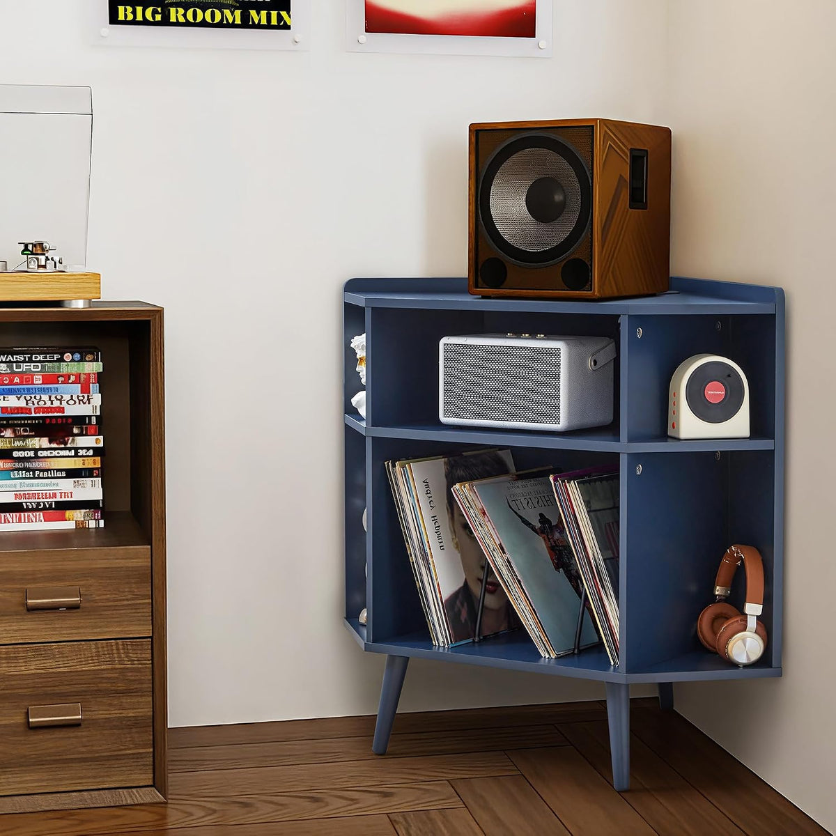 Corner Record Player Stand with Charging Station & USB Ports
