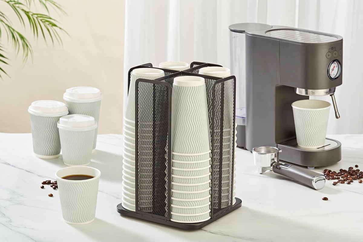 Annova Paper/Plastic Cup and Lid Holder Plastic Storage Organizer, 360°Rotating Coffee Mup Dispenser with 4 Compartments, Multifunctional Storage Rack for Home, Office, Bar, Coffee Shop (Black)