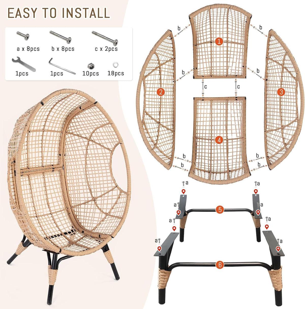 RADIATA Outdoor Egg Chair w/Ottoman, Oversized Wicker Patio Lounger