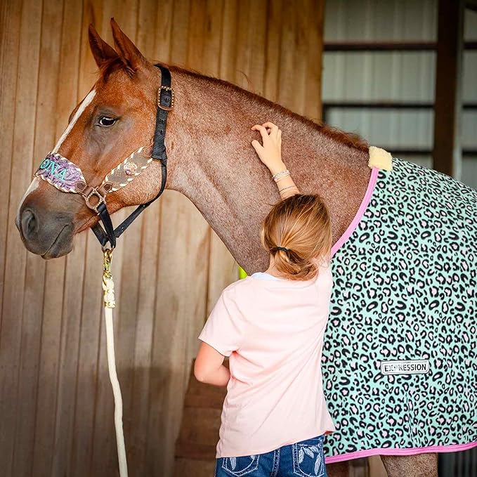 Jeffers Expression Fleece Cooler for Horses, Standard Neck, Party Cheetah 84"- Equine Towel Blanket, Moisture Absorbent, Light Weight, Best for Drying, Exercise, Bathing, Adjustable Belly Bands