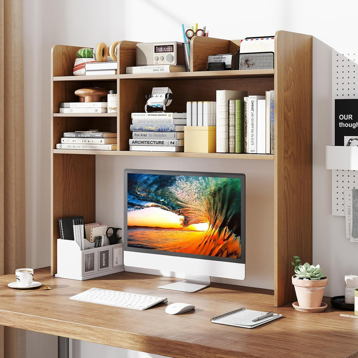 GIANTEX Desktop Bookshelf, 37" Desk Hutch Dorm for Computer Up to 32 Inch, Countertop Hutch w/6 Storage Shelves, 3-Tier Desktop Organizer Display Rack, Wood Desk Shelf for Home Office (Natural)