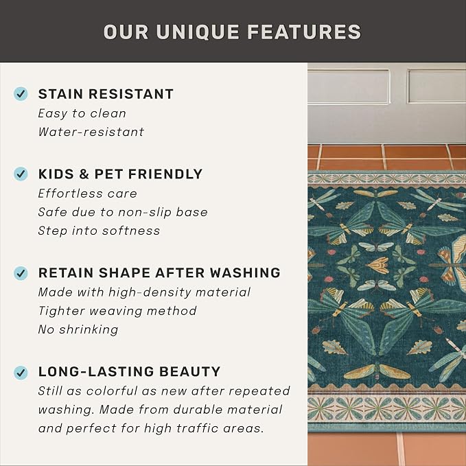 Washable Teal Round Rug 6ft, Non Slip Boho Carpet