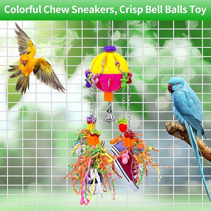Bird Toys, Parrot Pullable Colorful Chew Sneakers Acrylic Stick Chew Toys for Amazons Mini Macaws African Greys Cockatoos Conures,Cockatiels, Lovebirds,Parrotlet,Eclectus (Pink and Yellow)