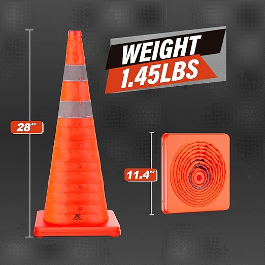 RoadHero 28 Inch 20 Pack Collapsible Traffic Safety Cones, Multi Purpose Pop-up Cones with Reflective Collar for Road Safety, Orange Cones for Driving Training, Parking Lots