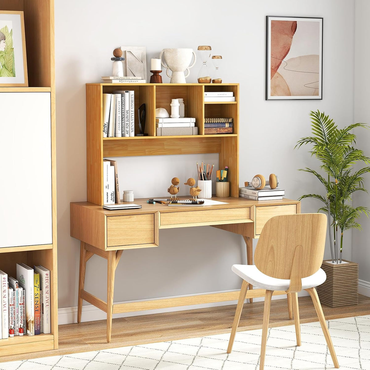 GIANTEX Desktop Bookshelf, Countertop Storage Hutch with 4 Shelves for Computer Desk, Dressing Tabletop Display Rack, Multipurpose Desk Hutch Storage Organizer for Home Office Dorm (Burlywood)