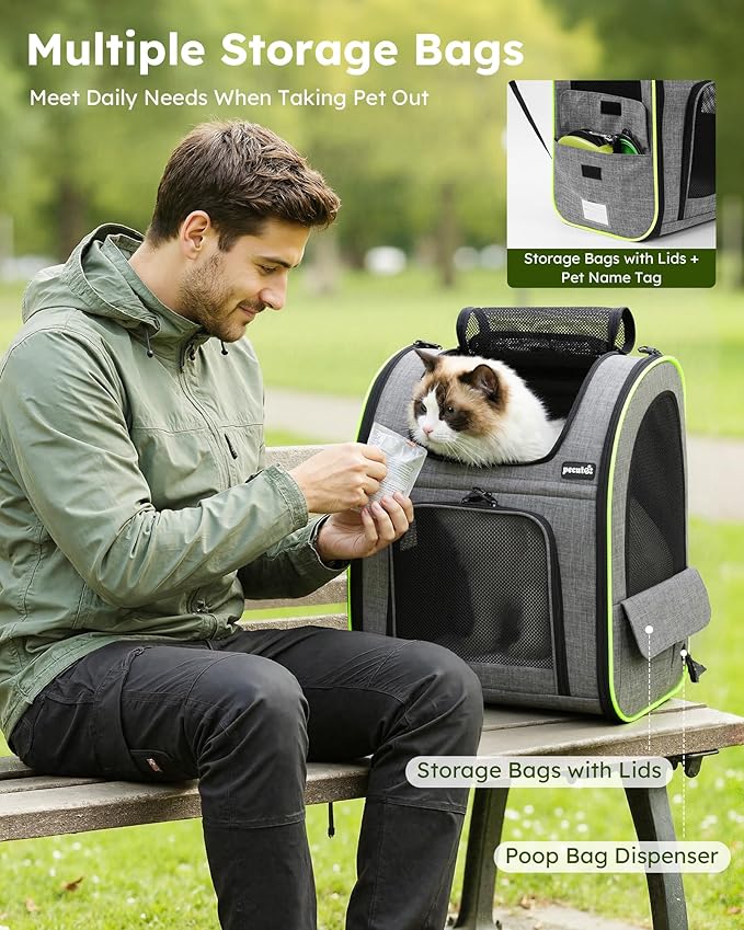 Pecute Cat Backpack Carrier XL, Expandable Pet Backpack for Cats & Small Dogs Up to 15lbs, with 4-Side Breathable Mesh, Multi-Entry & Lockable Zippers for Travel, Hiking, Camping - Hands Free, Gray
