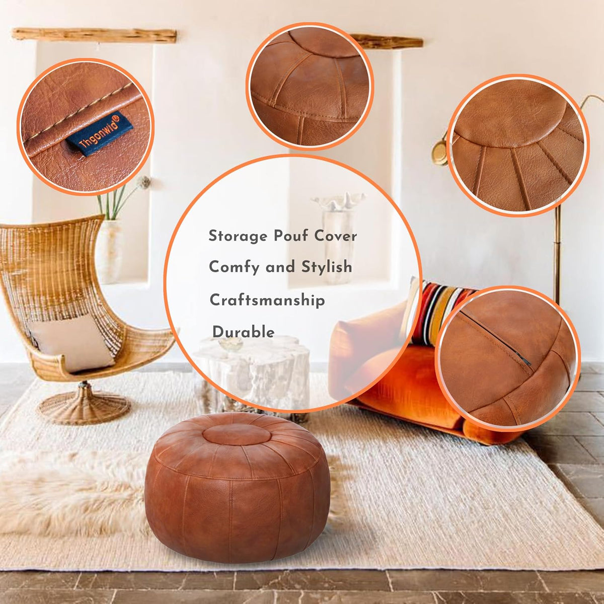 Thgonwid Unstuffed Moroccan Storage Pouf Foot Stool Ottoman Seat Handmade Faux Leather Bean Bag Floor Chair Foot Rest for Living Room, Bedroom or Balcony (Light Brown)