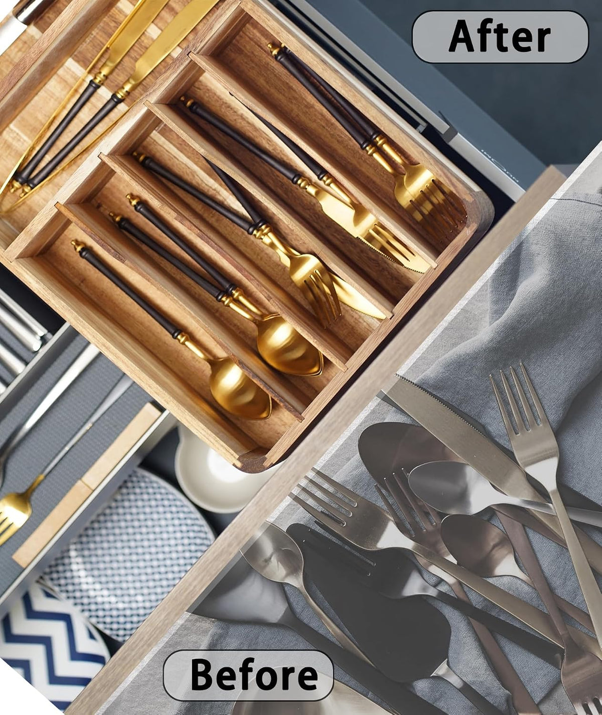 Silverware Drawer Organizer, Acacia Wood Tray for Cutlery & Flatware | 7-Compartment Utensil Holder for Forks & Spoons,17.5"×10.5"×2.7"
