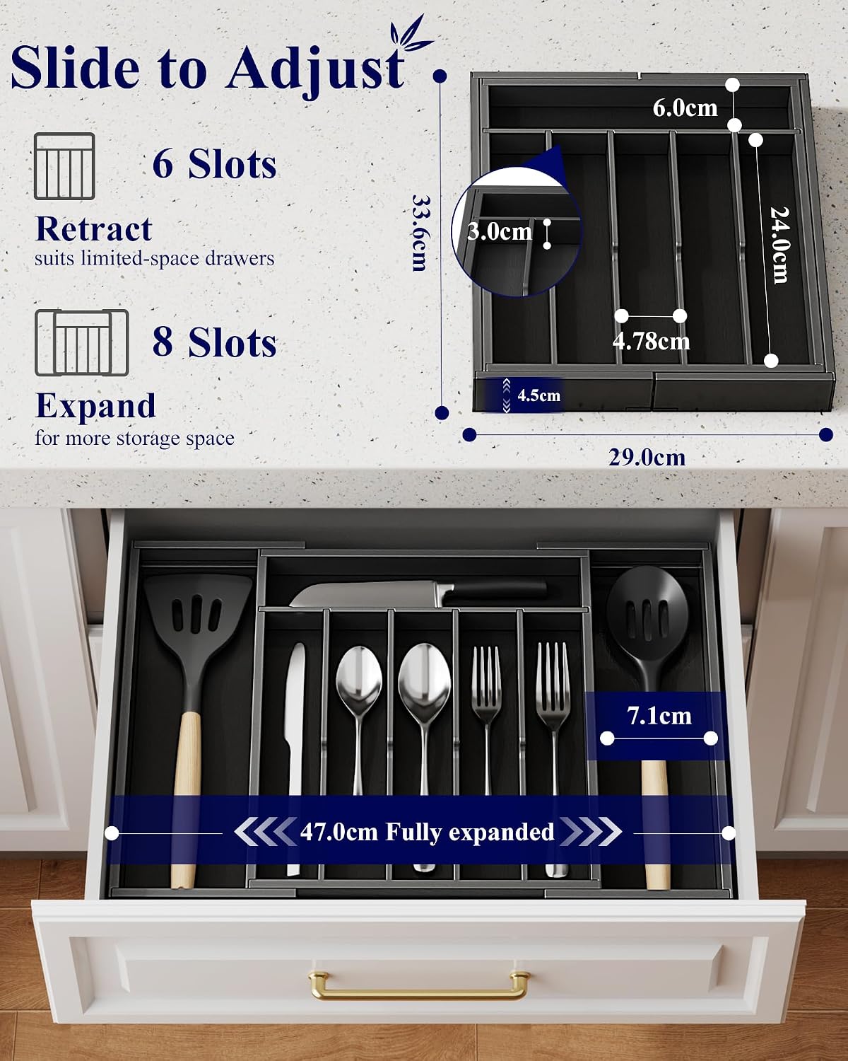 Kitsure Silverware Organizer, Bamboo Kitchen Drawer Tray, Black, Large