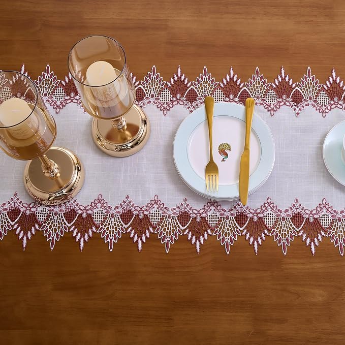 White Linen Lace Table Runners, Dresser Scarf | Red White Lace edge, Wedding