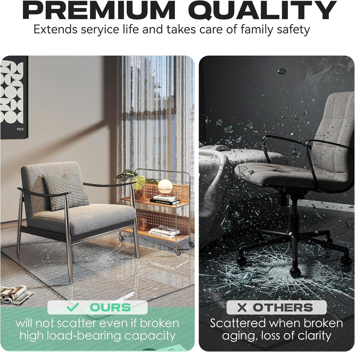 Tempered Glass Office Chair Mat, 50" x 44" Transparent Chair Mat, Heavy Duty 1,000lb, Round Corner Polished Edge, Glides Smoothly, Easy Clean, Protector Mats for Home Hardwood Floors Carpet