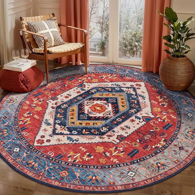 SERISSA Boho Round Area Rug, 5ft Washable Non-Slip Circle Rug, Ultra Soft
