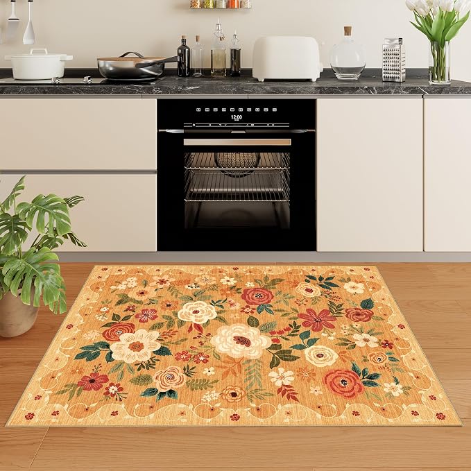 DUKINO 4x6 Area Rug, Lightweight Non Slip Washable Floral Rug, Indoor Low Pile