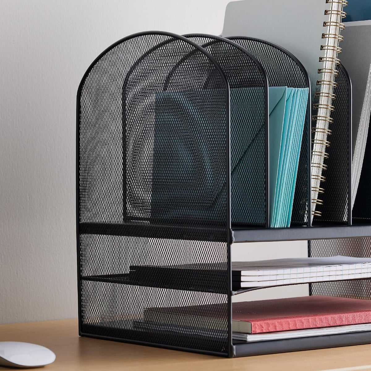 Safco Onyx Desk Organizer, 6 Vertical Compartments and 2 Trays, Office and Classroom Mailbox , Paper and Mail Sorter, Steel Mesh, Black