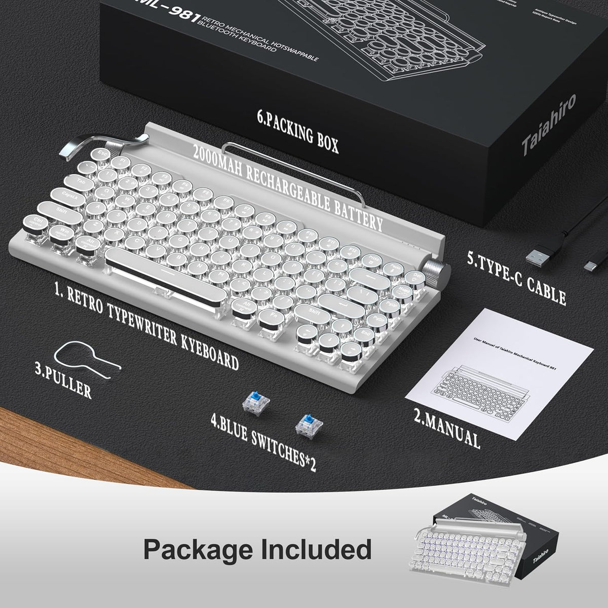 Retro Typewriter Wireless Mechanical Gaming Keyboard, Bluetooth 5.0 Office Computer Vintage Keyboards 83-Key Blue Switches Punk Round Keycap, LED Backlight, Compatible with PC/Laptop/Pad/Phone, White