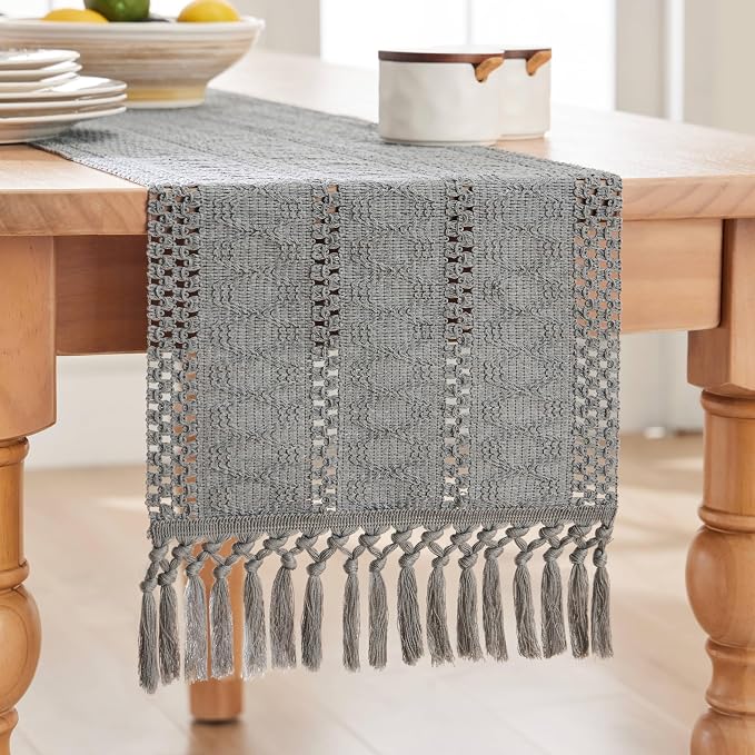 Macrame Style Boho Table Runner, 12x36 Inch Grey | Woven Boho Table Runner