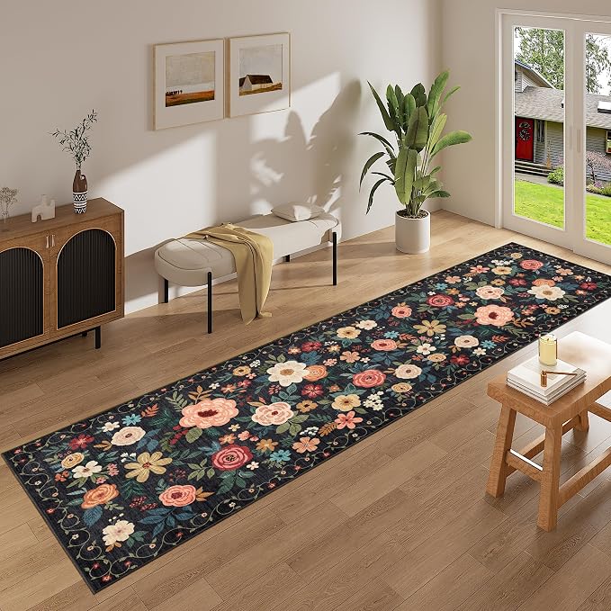 DUKINO 2.6x12 Kitchen Runner Rug, Lightweight Floral Washable Rug