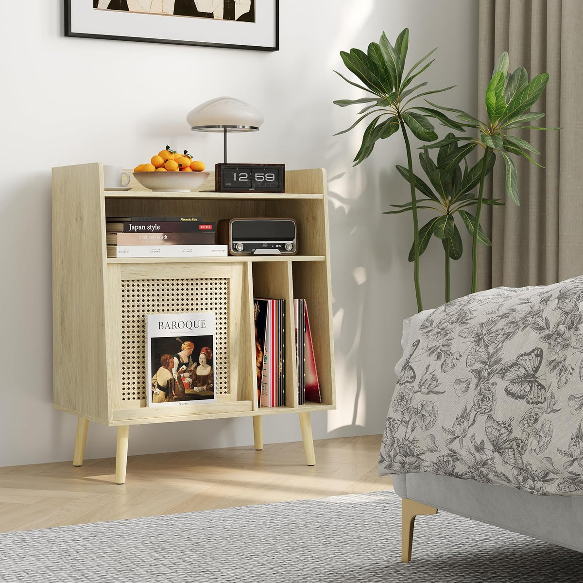 Semiocthome Record Player Stand with Vinyl Storage, Record Player Table with Storage Shelf, Turntable Stand with Rattan Cabinet Door, Side Table with Solid Wood Legs for Turntables for Living Room